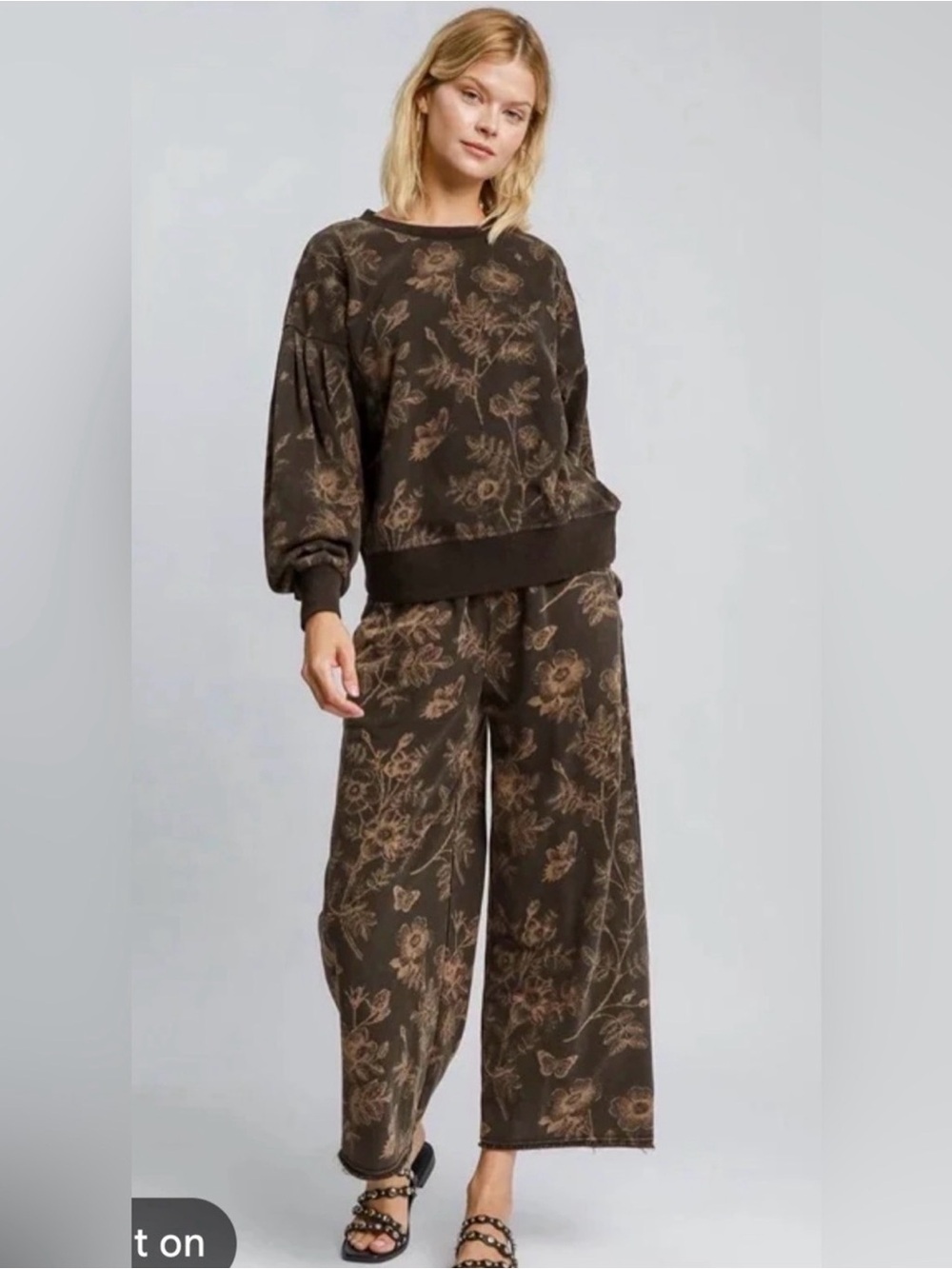 Umgee Ash French Terry Set 2 pc Mineral wash Floral Wide-Leg Pants /Sweats M/L